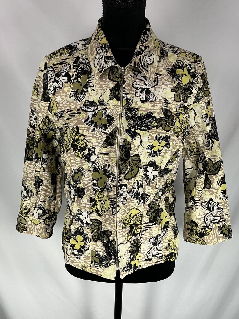 Christopher & Banks Vintage 2008 Linen Cotton Floral Jean Jacket Size M Green